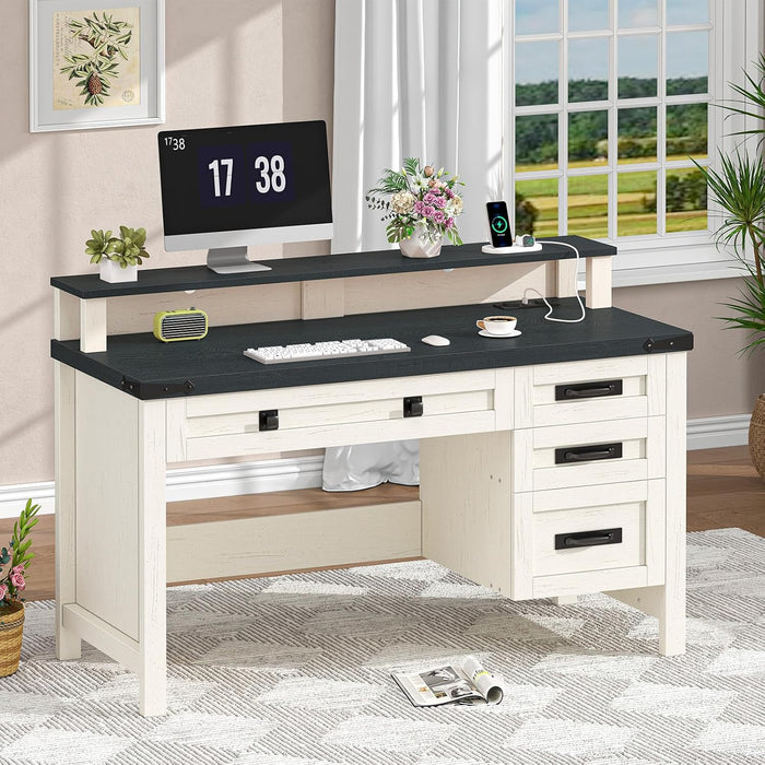 Farmhouse Computer Desk with Drawers, 47" Small Computer Desk with Power Outlets, Home Office Desk with Monitor Stand & 4 Drawers, Writing Study Table, Black & White