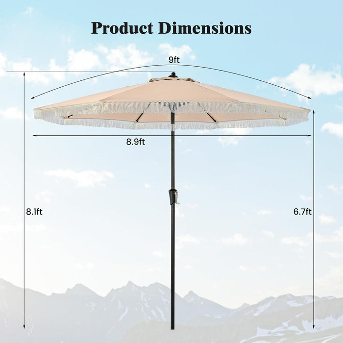 9Ft Patio Umbrella with Fringe, 2-Tier Outdoor Boho Umbrella with Tassels, Crank Handle, Push Button Tilt, Sun-Protective Canopy, 8 Ribs for Deck Backyard Poolside