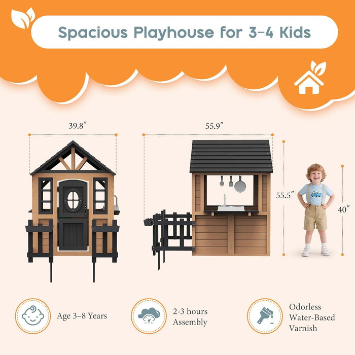 Kids Outdoor Wooden Playhouse with Kitchen Set, Durable Wood Construction with Waterproof Roof & Rust-Resistant Hinges, Pretend Playhouse for 3–8 Years Old Boys & Girls