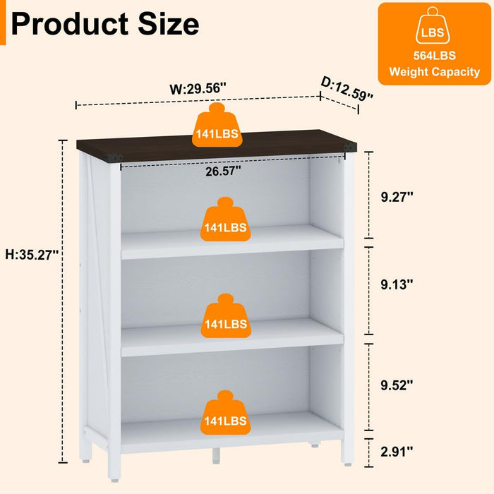 Three Tier TwoTone SolidWood Bookshelf WhiteOak Storage