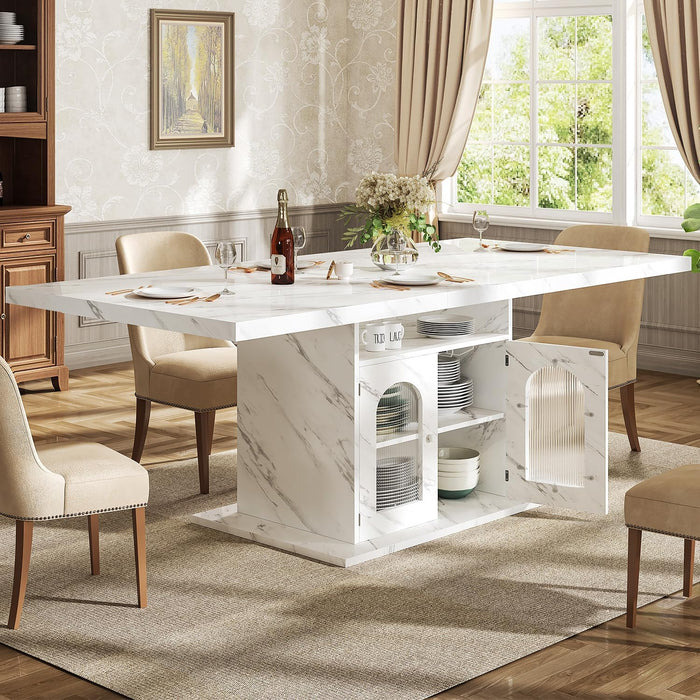 63" Modern White Faux Marble Dining Table for 6 with Storage Cabinet | Rectangular Kitchen Dinner Table with 3-Tier Shelves and an Acrylic Door, Seats 4-6,Table Only for Dining Room and Apartment