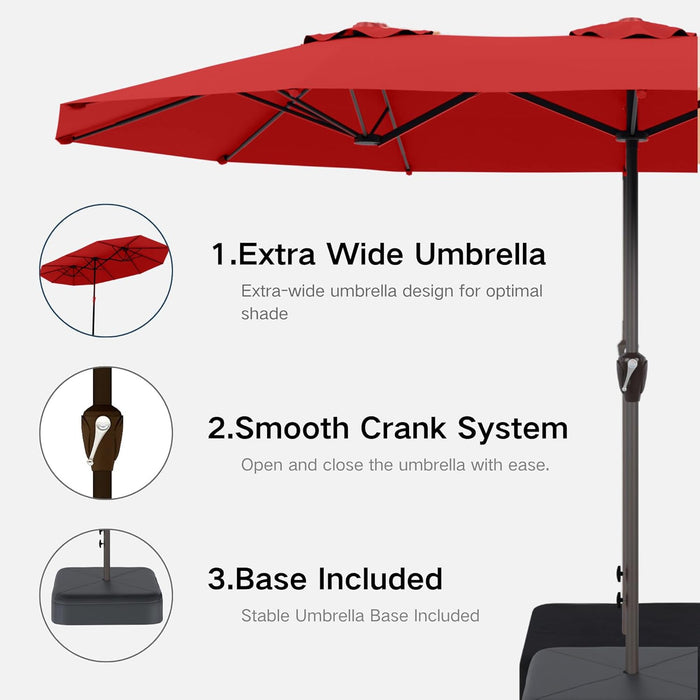 15Ft Large Patio Umbrella with Base Included, Double-Sided Rectangle Outdoor Table Umbrella with 12 Reinforced Ribs, Crank Lift for Market Pool Deck Backyard, Red
