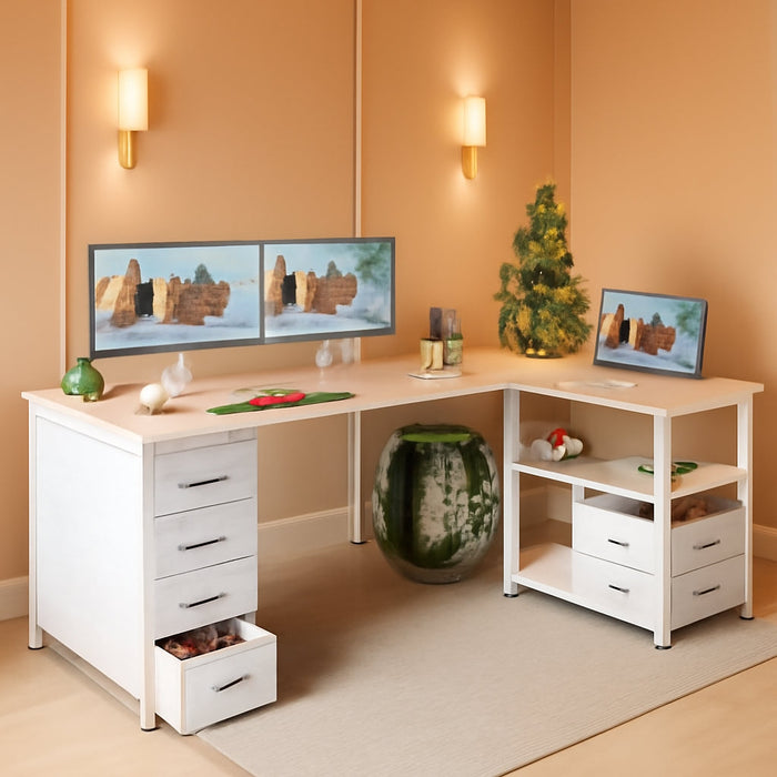 L Shaped Computer Desk with 6 Drawers & Power Outlet, 55 Inch Corner Desk with Reversible Storage Shelf & File Drawer, Home Office Desk, White