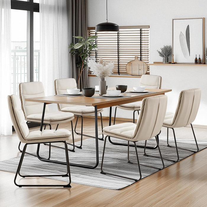 Dining Chairs Set of 6, Modern Waffle Dining Chair, Leather Chairs with Metal Legs for Dining Room Living Room Kitchen Coffee Shop, Cream