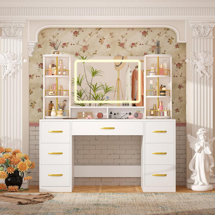 Vanity Desk with LED Mirror and 360 Rotating Makeup Organizer Shelves, White Makeup Vanity with Lights & Charging Station, Large Vanity Table with 6 Storage Drawers Bedroom Makeup Desk for Women Girls