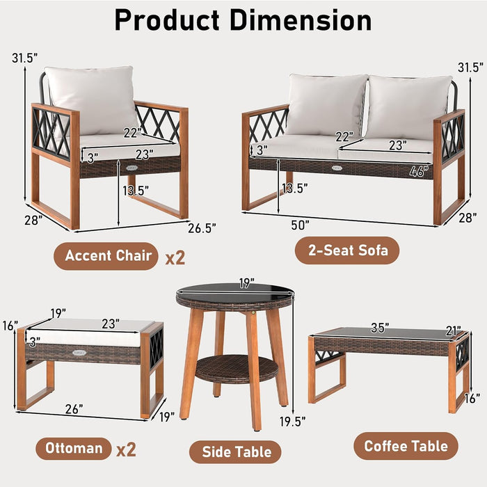 7 Pieces Patio Furniture Conversation Set, Wicker Acacia Wood Outdoor Cushioned Chairs Set with Ottomans, and 2 Tables, for Garden, Deck and Backyard