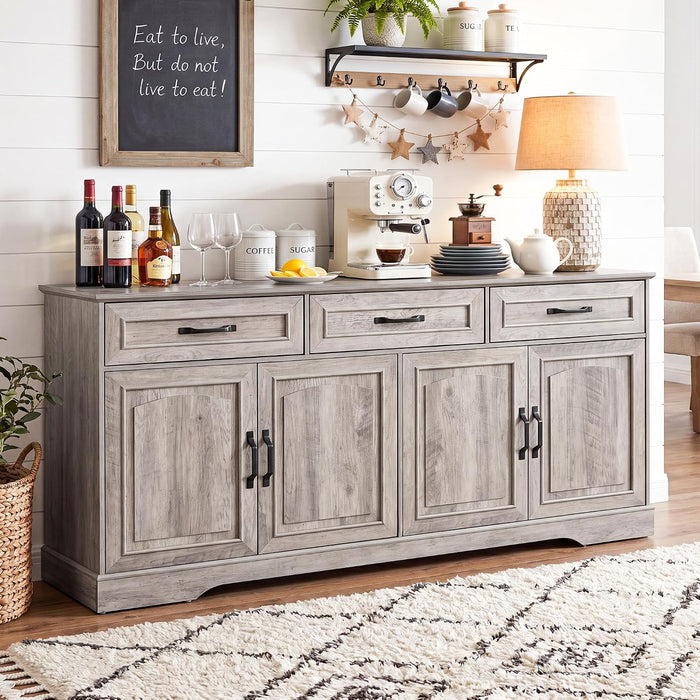 66" Large Sideboard Buffet Cabinet with Storage, Farmhouse Buffet Sideboard | Grey Coffee Bar, Wine Bar, Rustic Kitchen Storage Cabinet with Drawers, Weathered Ash, Ample Storage Space, Adjustable Shelf