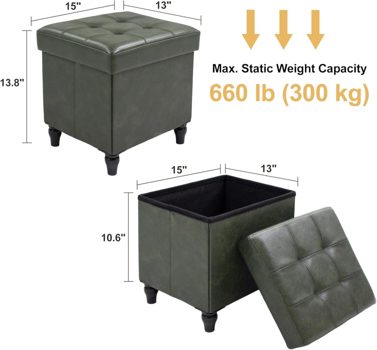 Storage Ottoman Bench, 15 Inches Foldable Ottoman Foot Stool with Legs, PU Leather Footrest for Living Room, Bedroom, Dorm (Green)