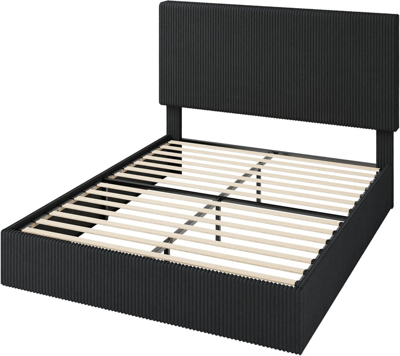 Full Bed Frame, Upholstered Platform Bed, Adjustable Vertical Channel Tufted Headboard, Corduroy Fabric, Modern Low Profile, Wooden Slats, No Box Spring Needed, Easy Assembly, Black