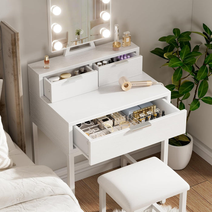 White Makeup Vanity Desk with Hollywood Mirror and Lights, Girls Vanity Set with Stool, Compact Make up Table with Drawers and Outlet for Bedroom Small Space