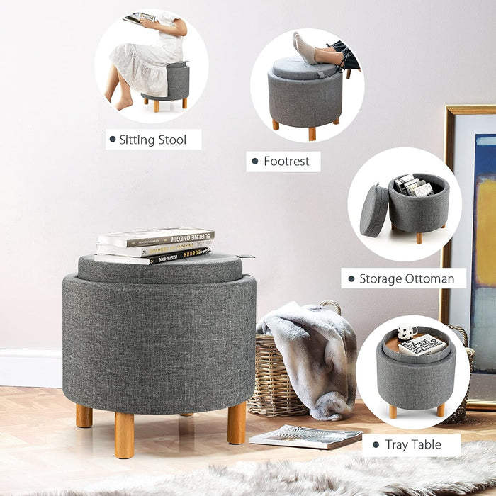 round Storage Ottoman with Tray Lid, Accent Storage Footstool W/Soft Padding, Fabric Sitting Stool W/Solid Wood Legs & Non-Slip Pads, Tray Top Coffee Table for Living Room, Bedroom (Grey)
