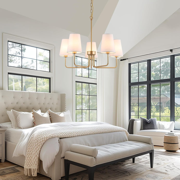 Farmhouse Chandelier, 5-Lights Visual Comfort Gold Light, Muted Gold with White Fabric Shade, Linear Island Lighting Fixture for Kitchen, Dining Room
