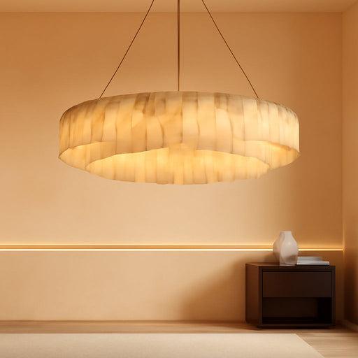 Round Alabaster Chandelier 40 Inch 16-Lights, Modern Gold Finish 2-Tier Spanish Natural Marble Pendant Lighting Fixtures, for Dining Room, Living Room, Bedroom, Foyer, Entryway