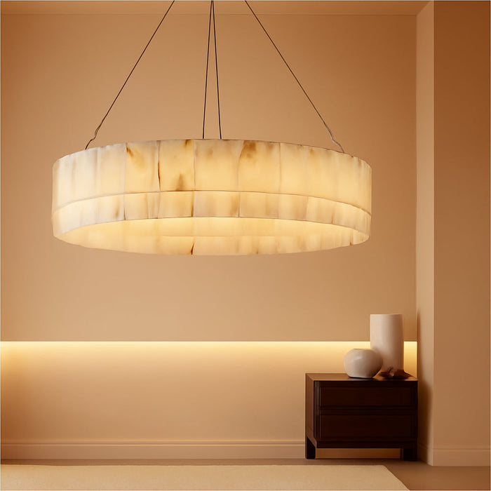 Round Alabaster Chandelier 40 Inch 16-Lights, Modern Gold Finish 2-Tier Spanish Natural Marble Pendant Lighting Fixtures, for Dining Room, Living Room, Bedroom, Foyer, Entryway