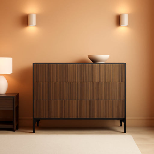 Walnut Drawers Dresser, Fluted Chest of 6 Drawers Dresser TV Stand Wood Storage Organizer for Bedroom, Living Room, Hallway