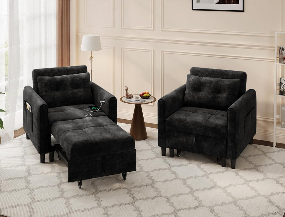Black Upholstered Sleeper Chair Pull Out Bed For Small Rooms