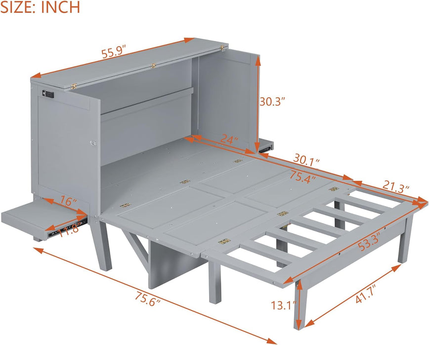 Full Size Murphy Bed with USB Port, Desk and Removable Shelves on Each Side, Full Platform Bed Wood Frame, for Guest Room Home Office - Gray
