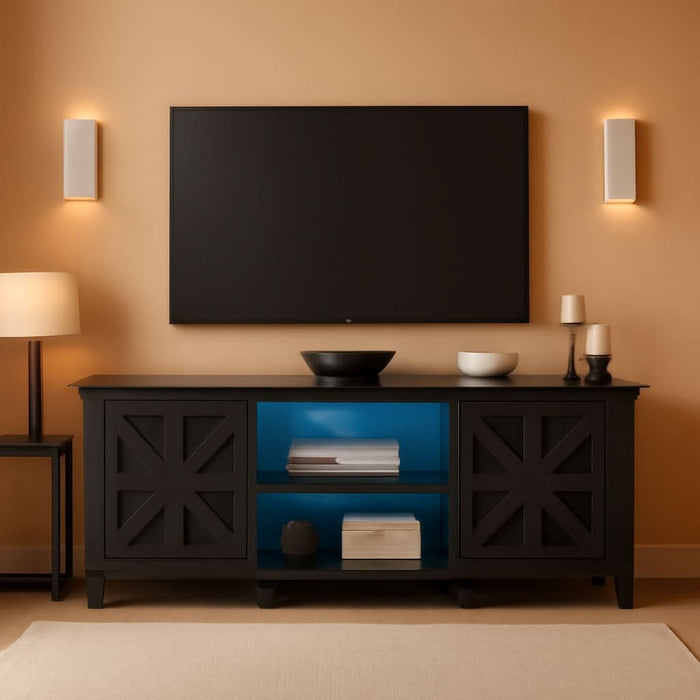 TV Stand with LED Lights & Charging Station, Farmhouse Entertainment Center with Storage Cabinets & Shelves, Cross-Pattern Doors, Fits Tvs up to 70'', TV Consoles for Living Room, Black