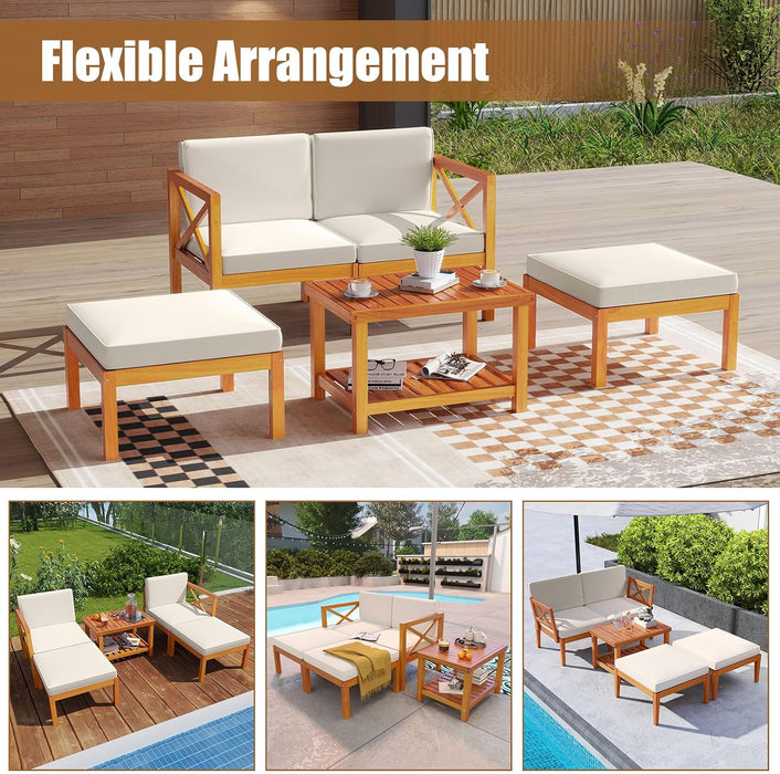 5 Pieces Patio Lounge Chair Set W/Ottomans, Acacia Wood Patio Conversation Set W/Cushions, Coffee Table, Modular Outdoor Lounge Sofa Set for Lawn, Backyard, Poolside