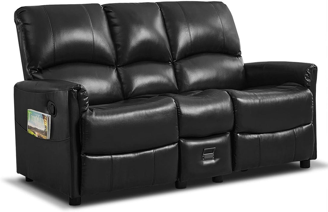 Manual Reclining Loveseat Sofa with Reversible Console, Double Recliner Couch with Cup Holders & Charging Ports, PU Leather 2-Seater Recliner Sofa for Living Room, RV, Small Spaces, Black