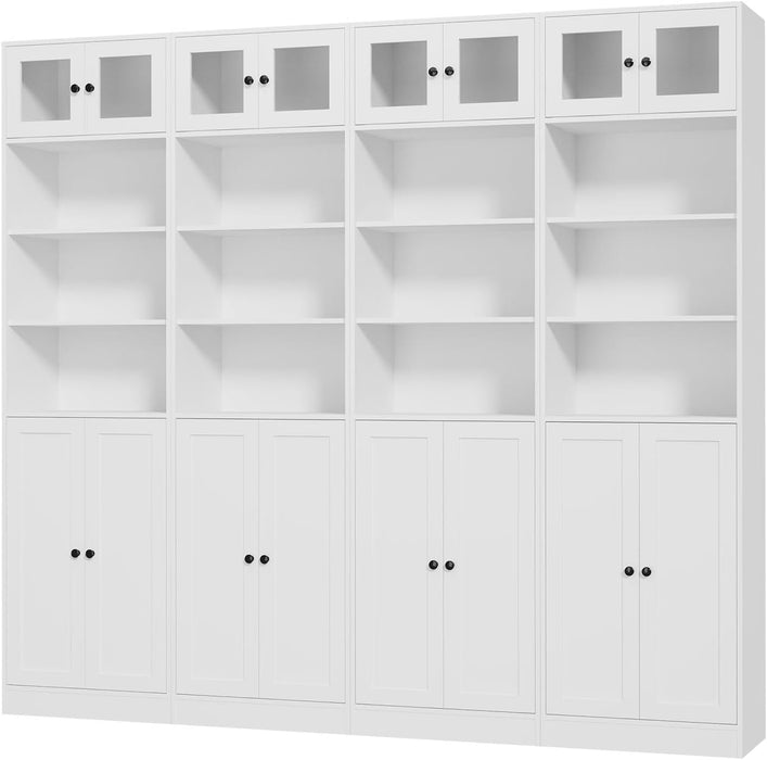 85.5 Inch Tall Bookshelf with Doors - 7 Tier Bookcase with Glass Doors and Drawer, 23.6" Wide Storage Cabinet with Open Shelves for Living Room, White Book Shelf for Home Office, Study (AAAA)