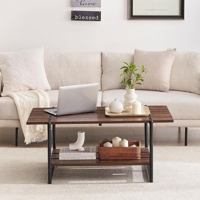 2-Tier Modern Industrial 41'' Large Wood Coffee Table with Storage Shelf - Rustic Metal Rectangle Center Living Room Coffee Table Accent Furniture for Home Office, Brown Walnut