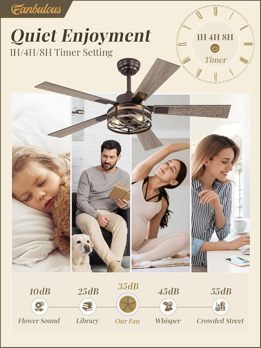 48" Farmhouse Ceiling Fans with Light & Remote, 6-Speed Caged