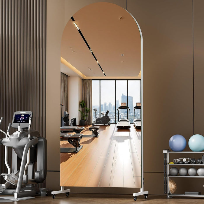 79" X 32" Arched Rolling Home Gym Mirror with Wheels, 360° Swivel Body Mirror with HD Tempered Glass, Large Floor Mirror for Yoga Room, Dance Studio, Bedroom & Home Gym