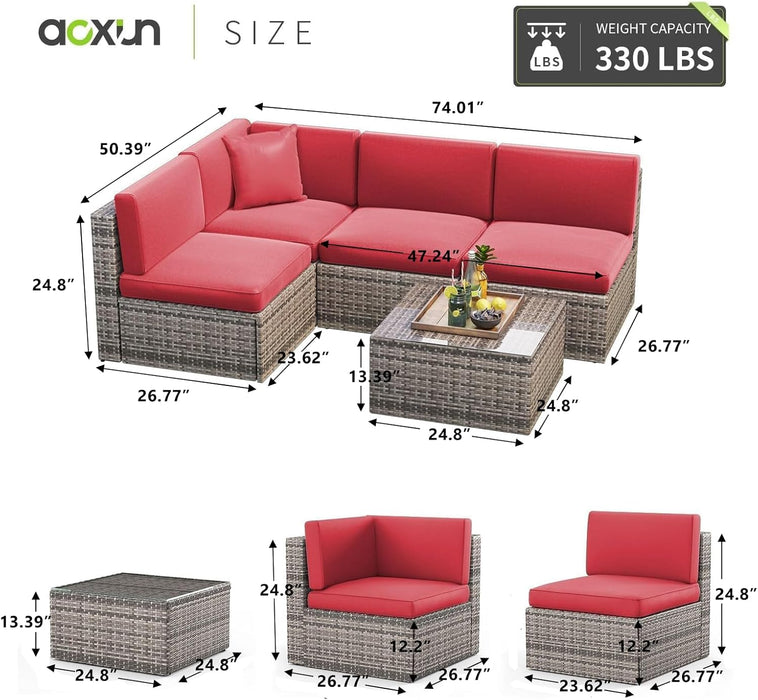 5-Piece Patio Furniture Set Wicker Rattan Conversation Set Outdoor Sectional Sofa Removable Cushions and Tempered Glass Coffee Table Suitable for Small Size (Red)