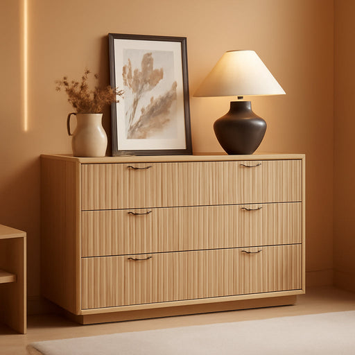 Fluted 6 Drawers Dresser for Bedroom, 48" Wide Modern Chest of Drawers with Metal Handle, Natural Curved Profile Farmhouse Closet Organizer Wood Dressers TV Stand for Living Room, Hallway