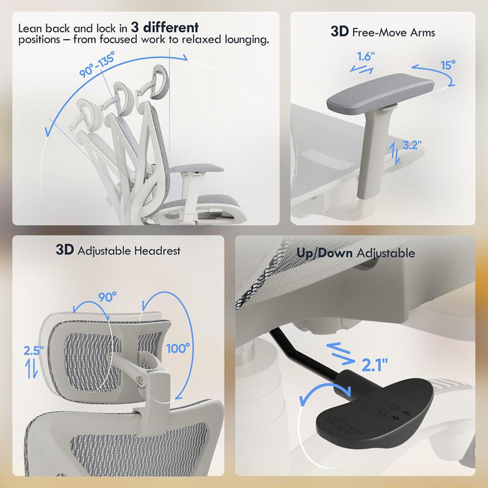 Ergonomic Office Chair with 3D Headrest, T23 High Back Mesh Desk Chair with Adjustment Lumbar Support & 3D Armrests, Chair, Big and Tall Swivel Computer Chair for Home Office, Gaming