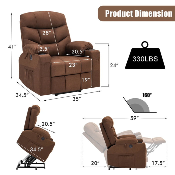 Power Lift Recliner Chair,Massage Lift Chair for Elderly with Heated Vibration,Electric Reclining Chairs,Infinite Position Fabric Recliner Chair,Cup Holders,Remote Control, Brown