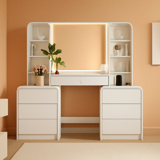 62" Makeup Vanity Desk with HD Lighted Mirror & Charging Station, White | 8 Drawers & Open Shelves, 3 Lighting Modes & Adjustable Brightness, Large Modern Dressing Table for Women & Girls