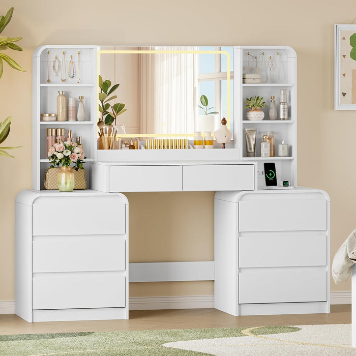 62" Makeup Vanity Desk with HD Lighted Mirror & Charging Station, White | 8 Drawers & Open Shelves, 3 Lighting Modes & Adjustable Brightness, Large Modern Dressing Table for Women & Girls
