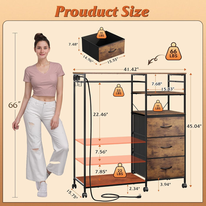 Brown Dresser With Hanging Rack And LED Lights Charging Station