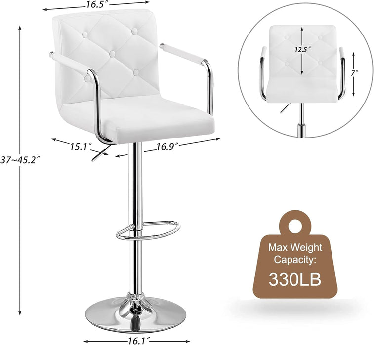 Adjustable Bar Stools Set of 2, Swivel PU Leather Counter Height Barstool with Back and Arms for Kitchen/Island, White