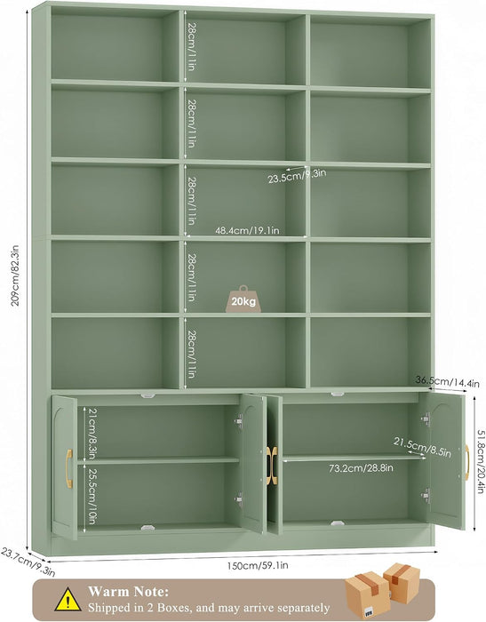 82.3" Triple Wide Bookshelf, Tall Bookcase with 4 Doors, Green