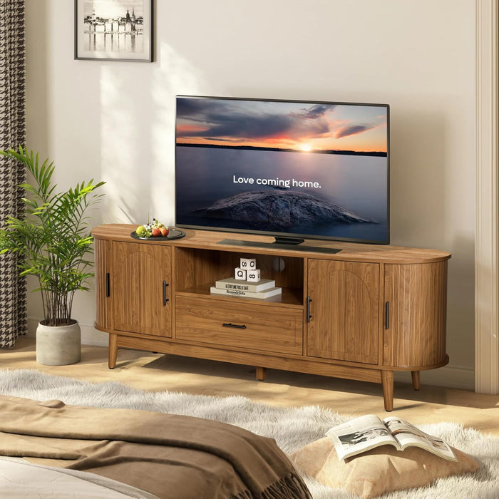 63" Fluted TV Stand for Tvs up to 70", Mid-Century Modern Entertainment Center with Drawers and Fluted Doors, Curved TV Media Console Table with Sliding Doors for Living Room, Bedroom (63")