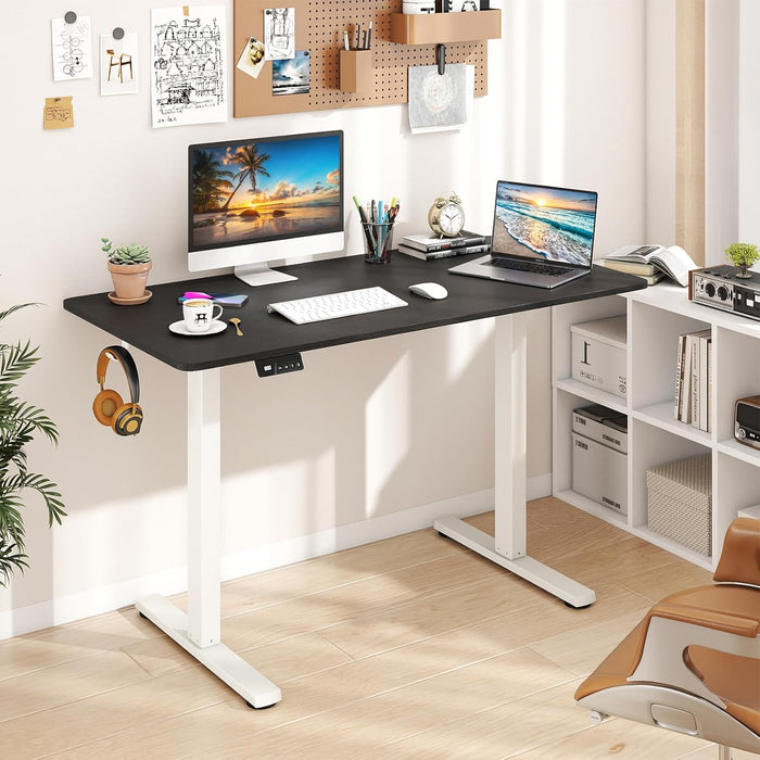 Electric Standing Desk, 48" X 24" Height Adjustable Sit Stand Computer Workstation with 2 Memory Heights, Headphone Hook, Anti-Collision Design, Home Office Computer Desk (Black+White)