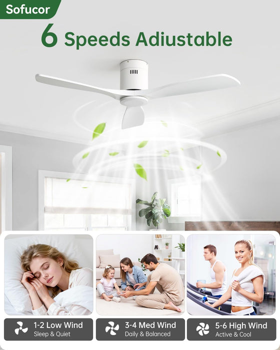 52 Inch Smart Ceiling Fan No Light, Flush Mount Low Profile