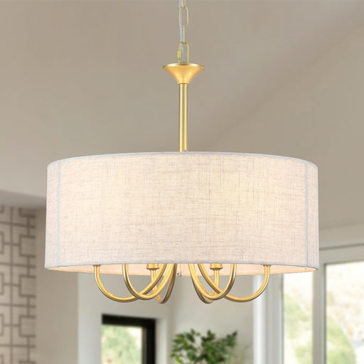 Gold Drum Chandelier for Dining Room, 6-Light Modern Farmhouse Chandelier with Linen Shade, 18" Brass round Chandelier Hanging Light Fixture for Kitchen Island Bedroom Living Room Entryway