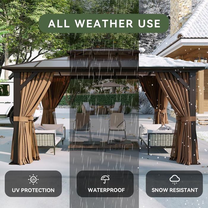 12'X10' Hardtop Gazebo, Aluminum Frame Permanent Pavilion with Curtains and Netting, Outdoor Polycarbonate Double Roof Canopy, Designed for Garden, Lawns, Patio, Brown