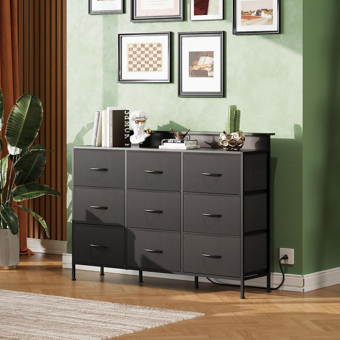 Dresser TV Stand for 55 Inch, Led Dresser for Bedroom, Black Dressers for Bedroom with LED Lights and Charging Station, Chest of Drawers, 9 Fabric Dresser Drawers, Wood Top, Living Room, Closet