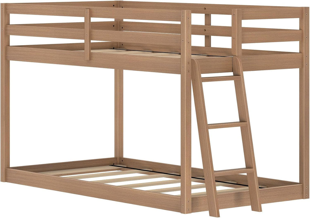 Twin Over Twin Low Bunk Bed OakEmbossedPecanFinish