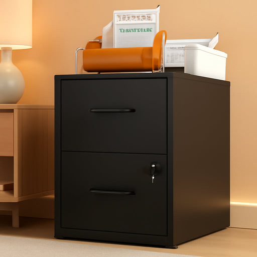 2 Drawer File Cabinet with Lock, Metal Vertical File Cabinets for Home Office, Office Furniture for Organization Hanging Legal/Letter/A4, Office File Cabinet Storage Cabinet, Require Assembly, Black