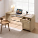 Rattan Home Office Desk with Drawer, 59" Farmhouse Boho Executive Desk with Storage Cabinet, Large Computer Writing Table Vanity Desk for Office, Study, Living Room, Light Oak