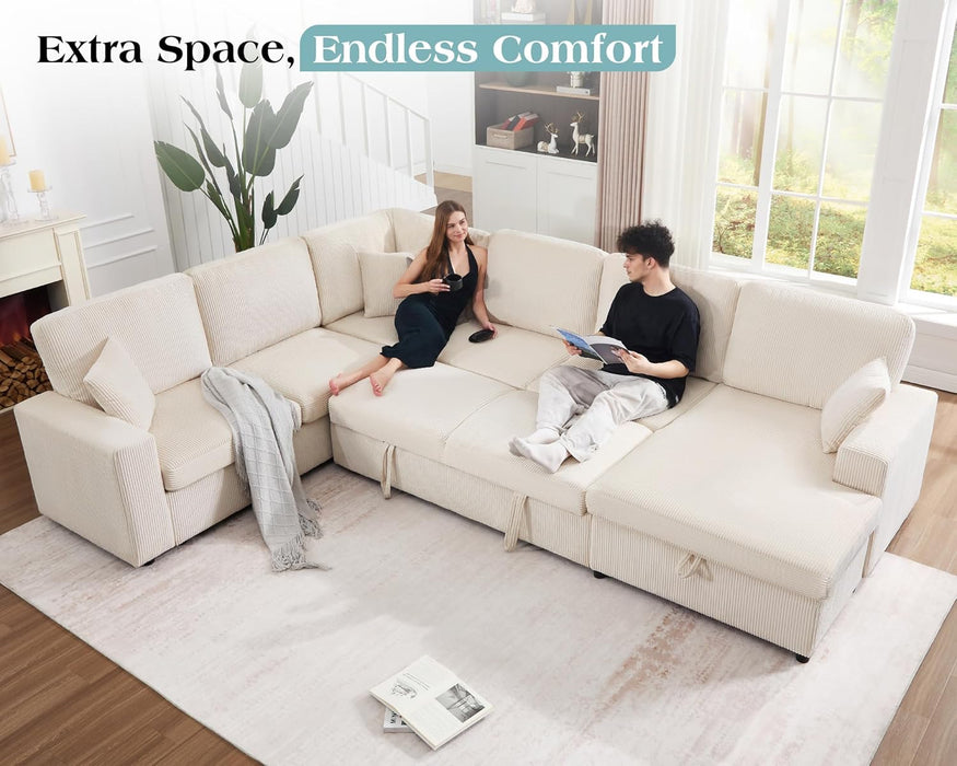 130Inch Beige Corduroy Sectional Sofa Bed StorageCompartment