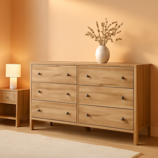 Bermacy Casual 6-Drawer Dresser with Safety Stop, Light Brown