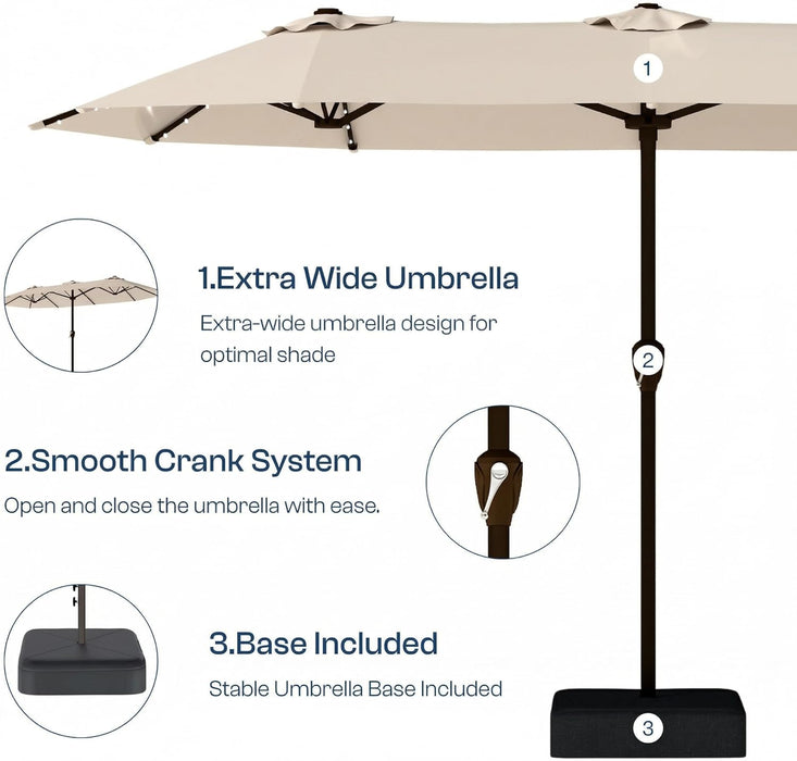 15FT Patio Umbrella with Solar Lights, Double-Sided Extra Large Outdoor Table Umbrella with Base Included, Heavy-Duty 12 Iron Ribs Market Umbrella for Garden, Pool, Backyard, Beige