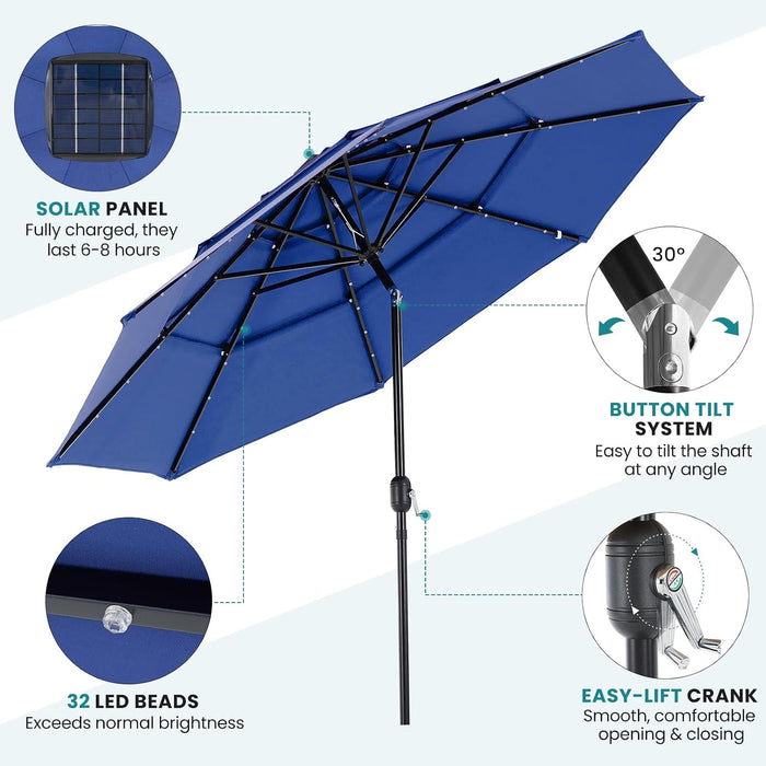 Outdoor Solar Patio Umbrella 3 Tiers with 32 LED Lights, Beach Market Table Umbrella with Crank and 8 Sturdy Ribs for Pool, Terrace, Restaurant